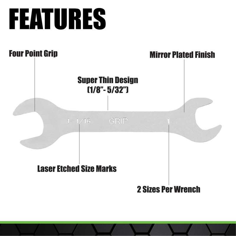 Grip 7 pc Super Thin Open End Wrench Set - 1/8" Thickness - Sizes: 3/8" x 7/16", 1/2" x 9/16", 5/8" x 11/16", 3/4" x 13/16", 7/8" x 15/16", 1" x 1-1/16", 1-1/8" x 1-1/4" - Roll Up Storage Pouch - Image 2